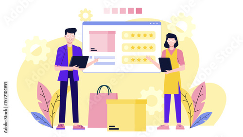 Group Organizing Virtual Product Feedback Session flat vector illustration
