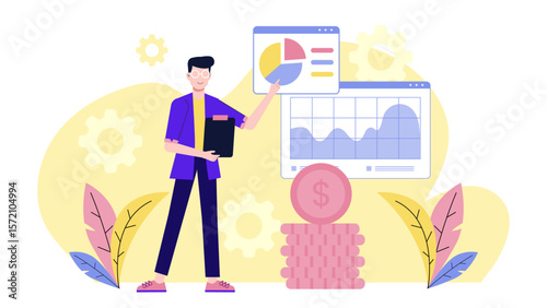 Business Analyst Creating Revenue Breakdown Report flat vector illustration