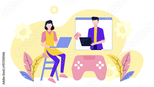 Remote Group Playing Online Icebreaker Game flat vector illustration