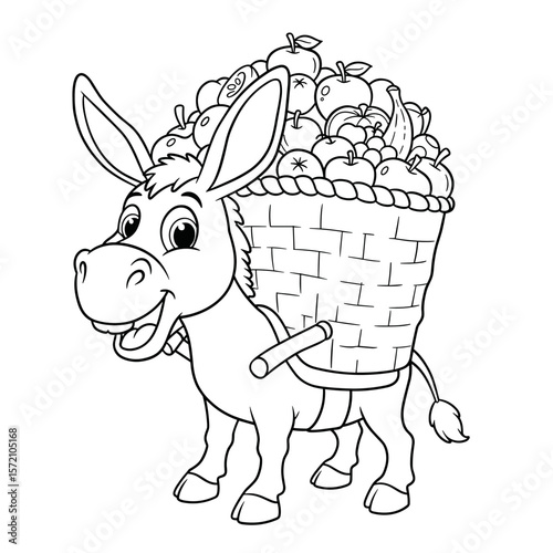 A cheerful cartoon donkey carries a large basket of fruits, including apples, bananas, and grapes.