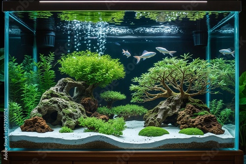 A detailed view of a fish tank with aquatic plants rocks and fish swimming in the water inside the tank