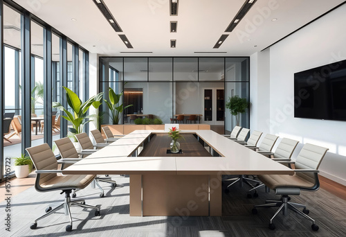 interior of a modern office with a large meeting table, green theme, small plants in the corners of the room, office wallpaper.