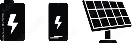 Black and white icons depicting battery power, low battery, and a solar panel.
