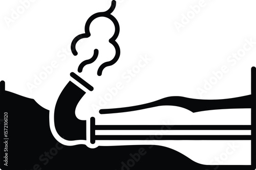 A black and white image depicting a pipe emitting smoke into the environment.