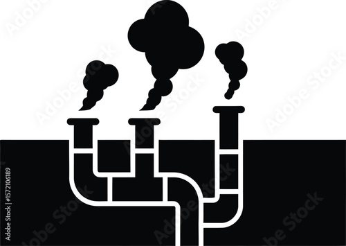 Black and white illustration of industrial smokestacks emitting pollution into the air.