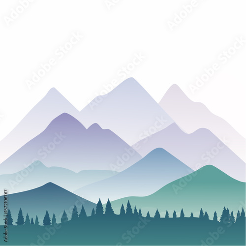 serene mountain landscape with misty lavender sky and slate-gray peaks in soft bands