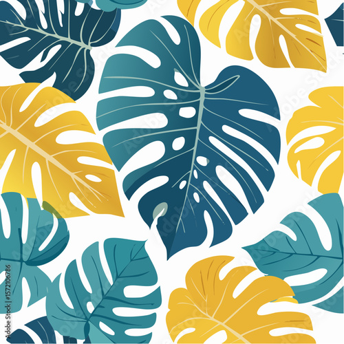 seamless pattern of oversized tropical monstera and palm leaves in flat vector style