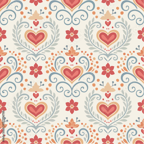 minimalist scandinavian folk repeat with symmetrical rosemaling and stylized heritage florals