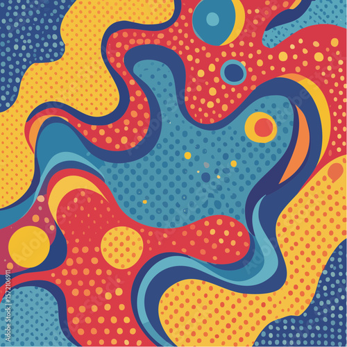 retro pop-art pattern with oversized dots, irregular amoeba shapes, and jagged bright lines