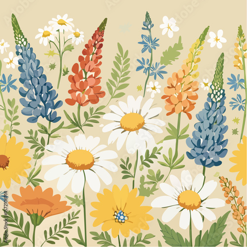 meticulously detailed pressed wildflowers pattern with lupines, daisies, and delicate ferns
