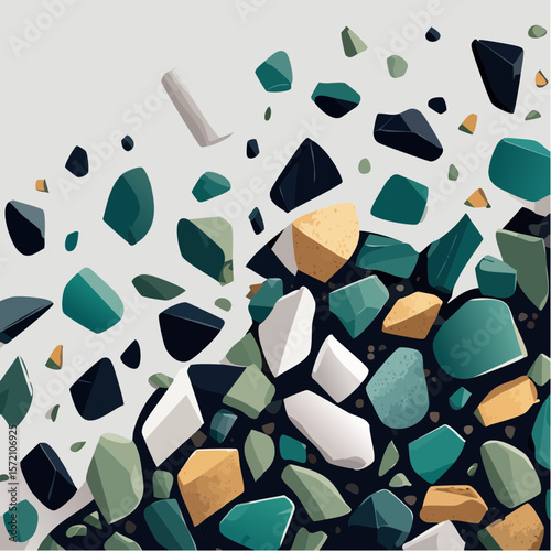 terrazzo pattern with jade green, coral pink, and metallic gold scattered vector chips