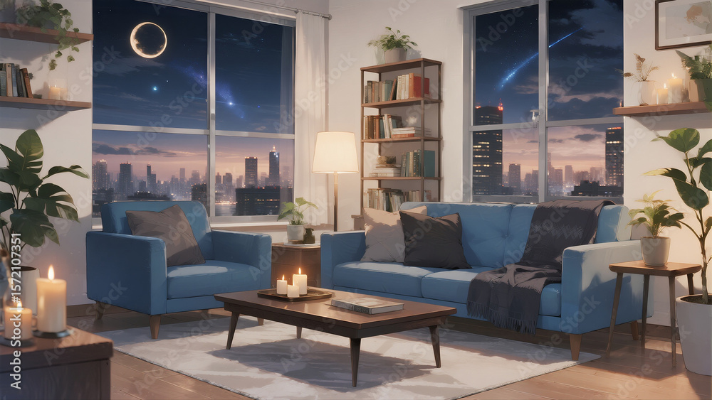 Fototapeta premium A blue couch is in a living room with a coffee table in front of it