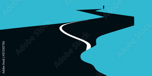 A solitary silhouette journeys on a long road toward the horizon, illustrating a path to future success