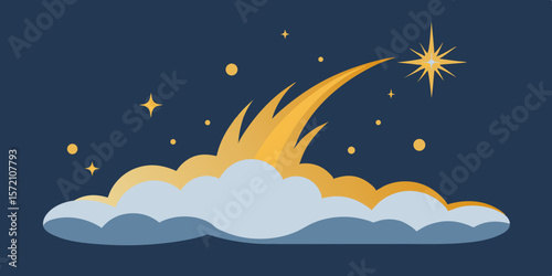Blue night sky with bright stars, clouds, and a moon over the ocean
