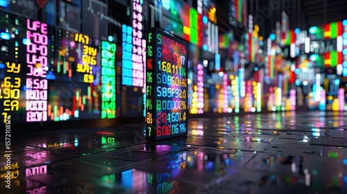 Futuristic trading floor digital scene featuring glowing data streams, charts, and buy-sell options in 3D