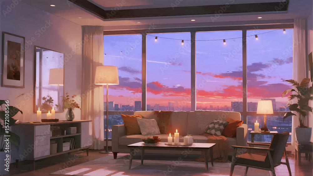 Fototapeta premium A living room with a couch, coffee table, and a potted plant