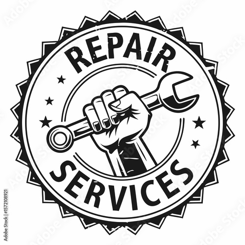 Retro emblem featuring a clenched fist holding a wrench symbolizing repair services and mechanical work