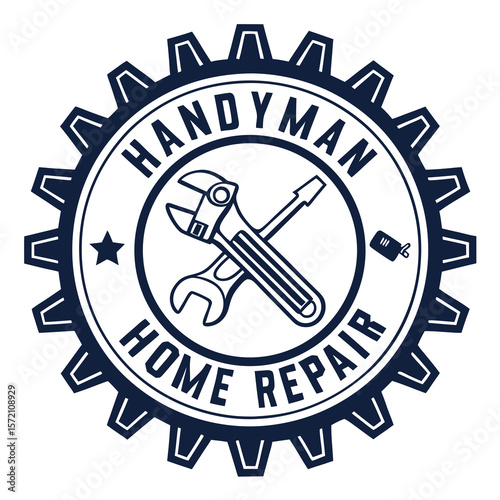 Circular emblem featuring a wrench and screwdriver crossed with the words handyman home repair and a gear border