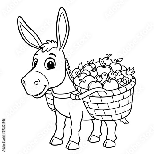 A cute cartoon donkey with a cheerful face carries a basket full of fruits on its back.
