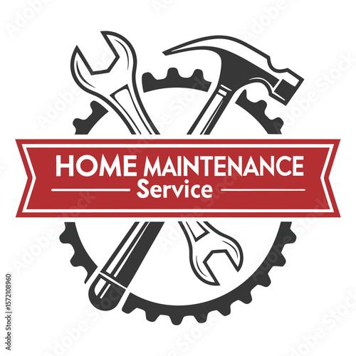 Professional home maintenance service logo featuring a hammer wrenches and gears symbolizing repair and upkeep
