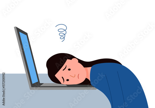 Professional burnout syndrome. Exhausted sick tired female employee in office. Sad boring worker sitting with head down on laptop. Long working day.