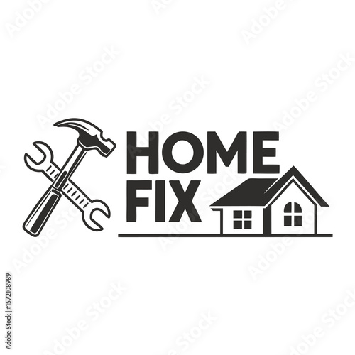 Home fix logo featuring crossed wrench and hammer beside stylized house and text