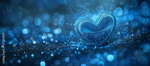 A blue heart on a blue background with bokeh, shiny and glittery with copy space