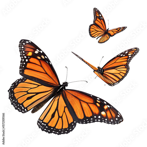 Three monarch butterflies with orange black and white wings in flight on a black background isolated on a transparent background