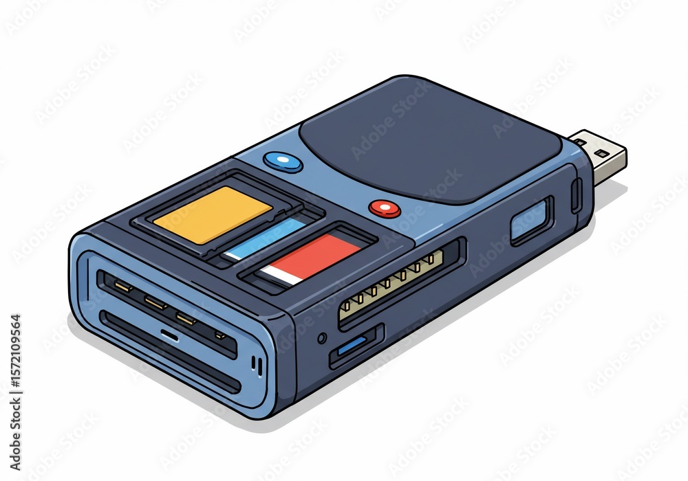 Obraz premium Cartoon illustration of a multi-card reader with USB, SD, and other memory card slots