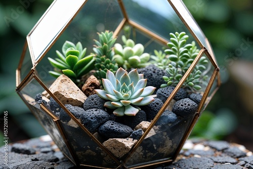 A terrarium with succulents and black lava rocks inside a geometric glass container on a stone surface