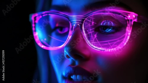 Close Up Portrait of a Young Woman Wearing Neon Glasses with Reflections in Vibrant Colors