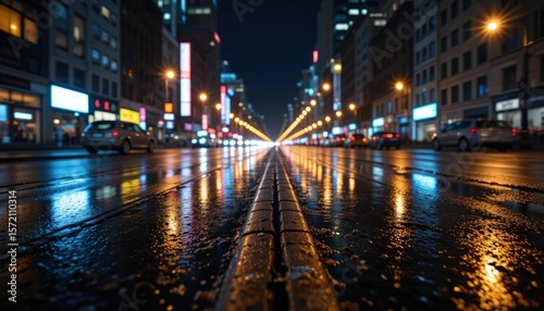 Reflective City Lights at Night on Wet Pavement