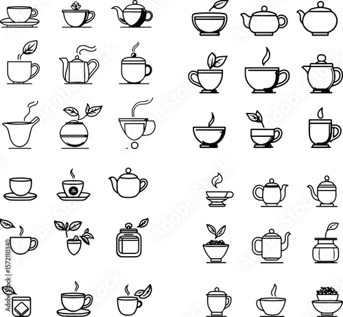 tea icons, tea illustration, tea vector, hot tea, iced tea, green tea, black tea, herbal tea, oolong tea, white tea, chai tea, matcha tea, rooibos tea, loose leaf tea, tea bag, tea cup,
