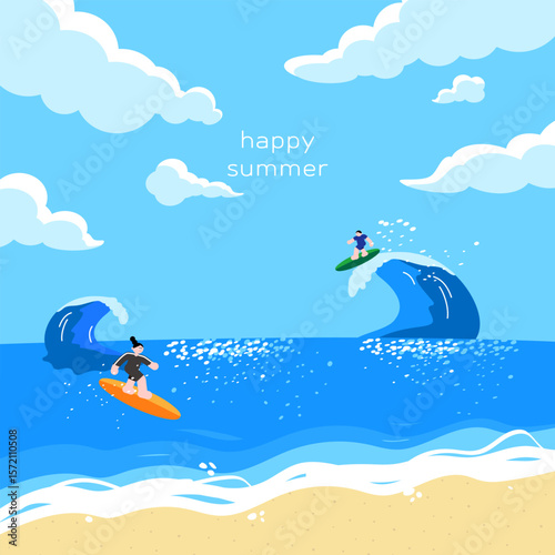 여름 바다에서 서핑을 즐기는 일러스트 - An illustration of enjoying surfing at the summer beach