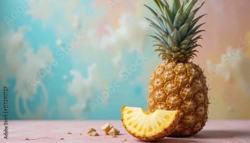ineapple with a pastel backdrop Slice of pineapple sliced with copy space picture. Generative AI is the place to add text or visuals.