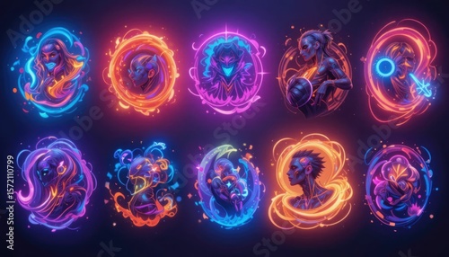 a set of vibrantly colored and shaped visuals with a neon motif.