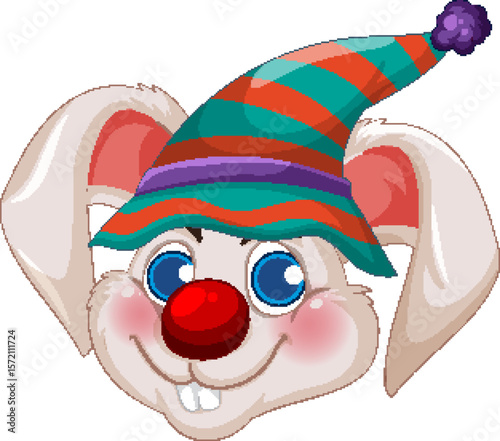 Whimsical Rabbit Clown with Striped Hat