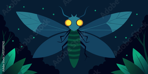 A cute cartoon insect, a black and white butterfly, with its delicate wings outstretched, flying against a dark, moonlit background, sho