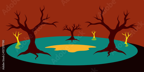 Desert sun goes down behind a dead tree silhouette