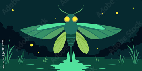 Cute cartoon frog character on a leaf in a green pond with a ladybug and butterfly, vector art