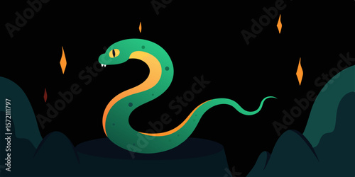 A whimsical cartoon serpent coils around a burning candle, a funny vector illustration against a black background