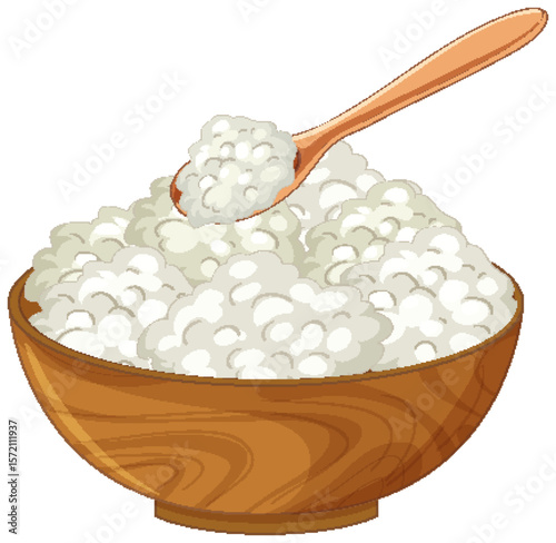 Wooden Bowl of Cottage Cheese with Spoon