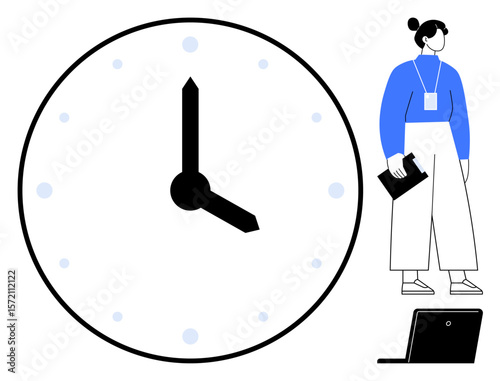 Large analog clock with bold hands, woman holding clipboard, and laptop. Ideal for time management, productivity, organization, scheduling, punctuality, business planning workplace efficiency