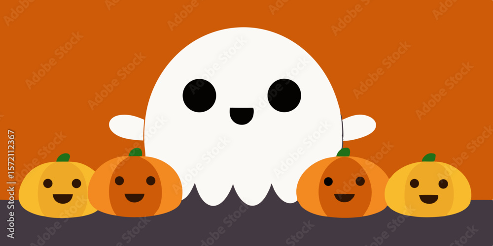 Obraz premium Happy Halloween pumpkins with a smiling ghost, perfect for an autumn holiday celebration
