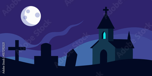 Spooky Halloween night landscape with a haunted house, old tree silhouettes, and bats against a dark, moonlit sky