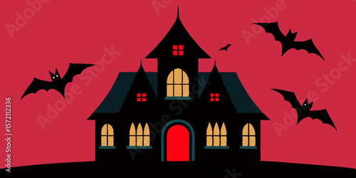 Spooky haunted house vector illustration with bats, a creepy tree, and a full moon on a hill, perfect for a Halloween nightSpooky haunted house vector illustration with bats, a creepy tree, and a full