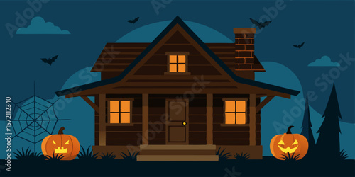 Black wooden house exterior with glowing orange jack-o'-lanterns and scary autumn sky creates a perfect Halloween background
