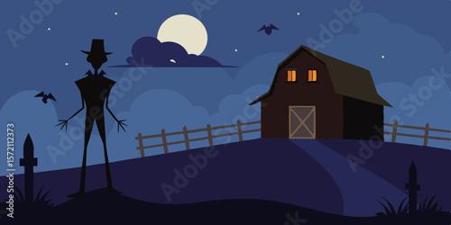 Spooky Halloween night scene with a haunted house in the woods under a dark, star-filled sky