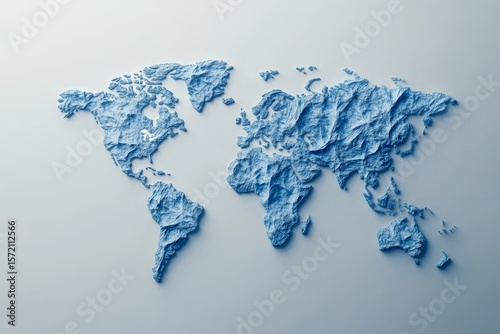 3D world map, light blue relief.