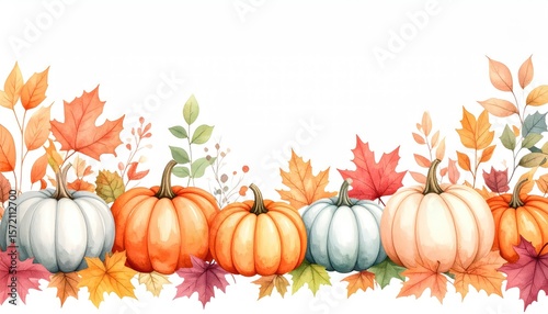 Autumnal Pumpkins and Leaves: A Watercolor Harvest Delight